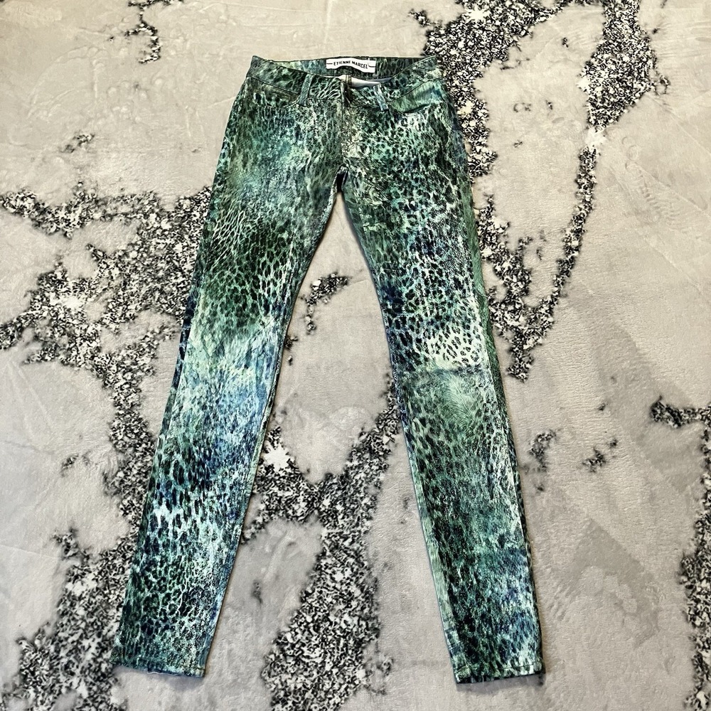 Etienne Marcel Jeans‎ Womens Size 25 Green Leopard Print Skinny Stretch